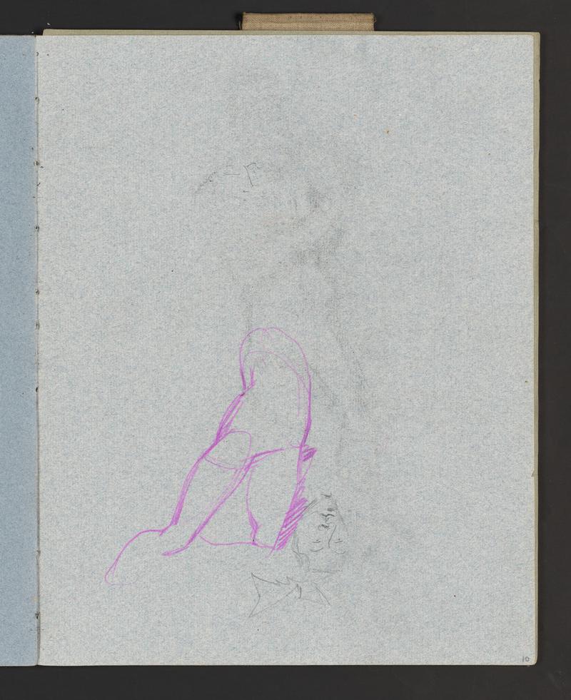 Sketchbook: donkeys; architectural decoration; figure studies; Gabrielle in dancer clothes; man asleep on bed & another in country clothes with stick; large birds flying