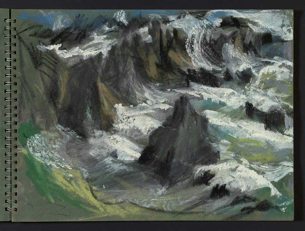 Sketchbook: Skokholm from coast path; Renney Slip & Te Deum; roses & other flowers; St Brides