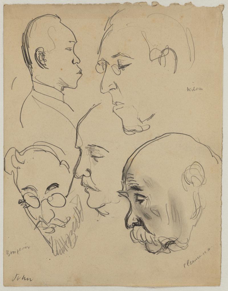 T Woodrow Wilson (1856-1924), Leon-Victor Auguste Bourgeois (1851-1925) and George Clemenceau (1841-1929), caricature of an unidentified Japanese and a study of the head of an unidentified man