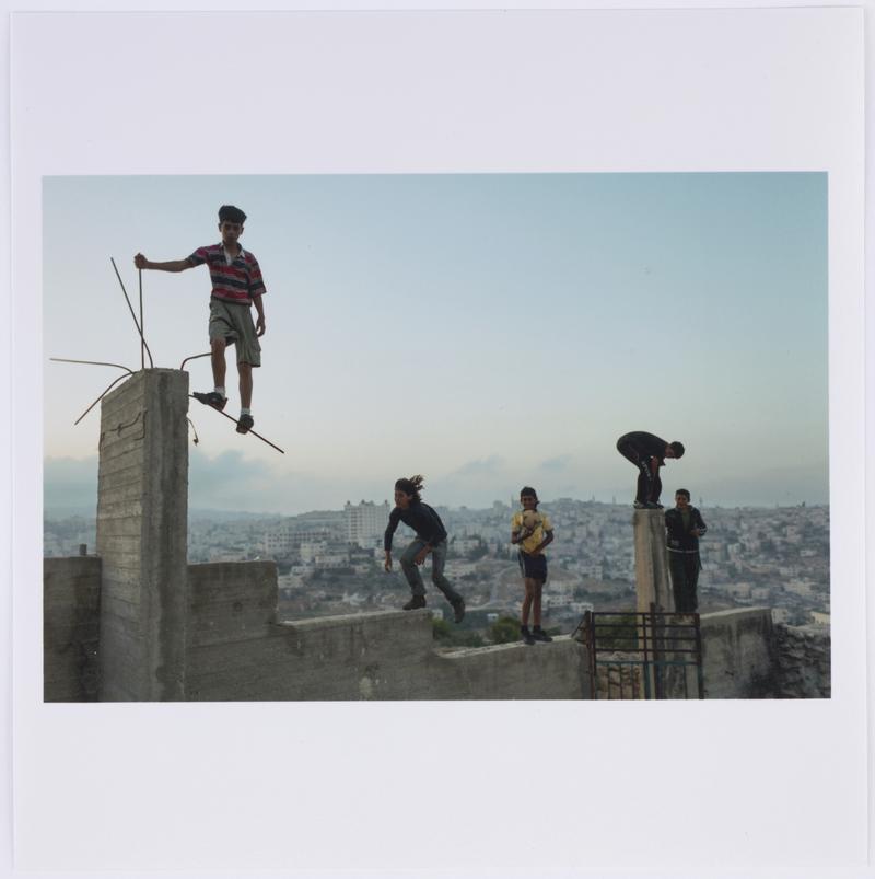 Boys playing on a hill overlooking Bethlehem, Palestine, Israel