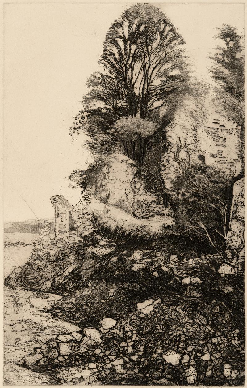 Ruin with boy fishing