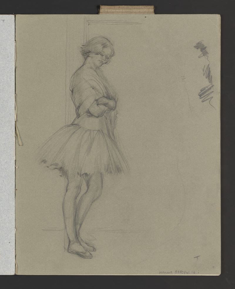 Sketchbook: donkeys; architectural decoration; figure studies; Gabrielle in dancer clothes; man asleep on bed & another in country clothes with stick; large birds flying