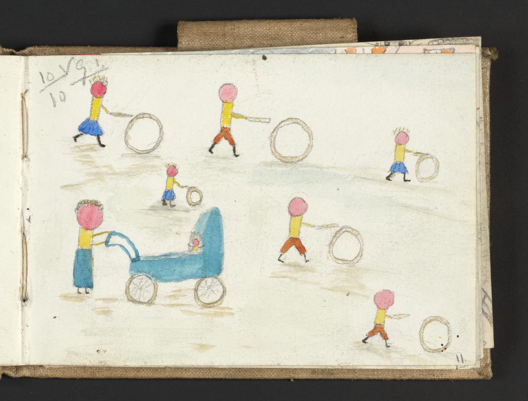 Sketchbook: The Story of Rosy Cheeks and The Match Family, written & illustrated by RHJ; cartoonish drawings of animated ?tomatoes; later-dating sketches of a cat