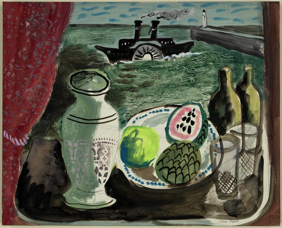 Still life with window, paddle steamer and pier