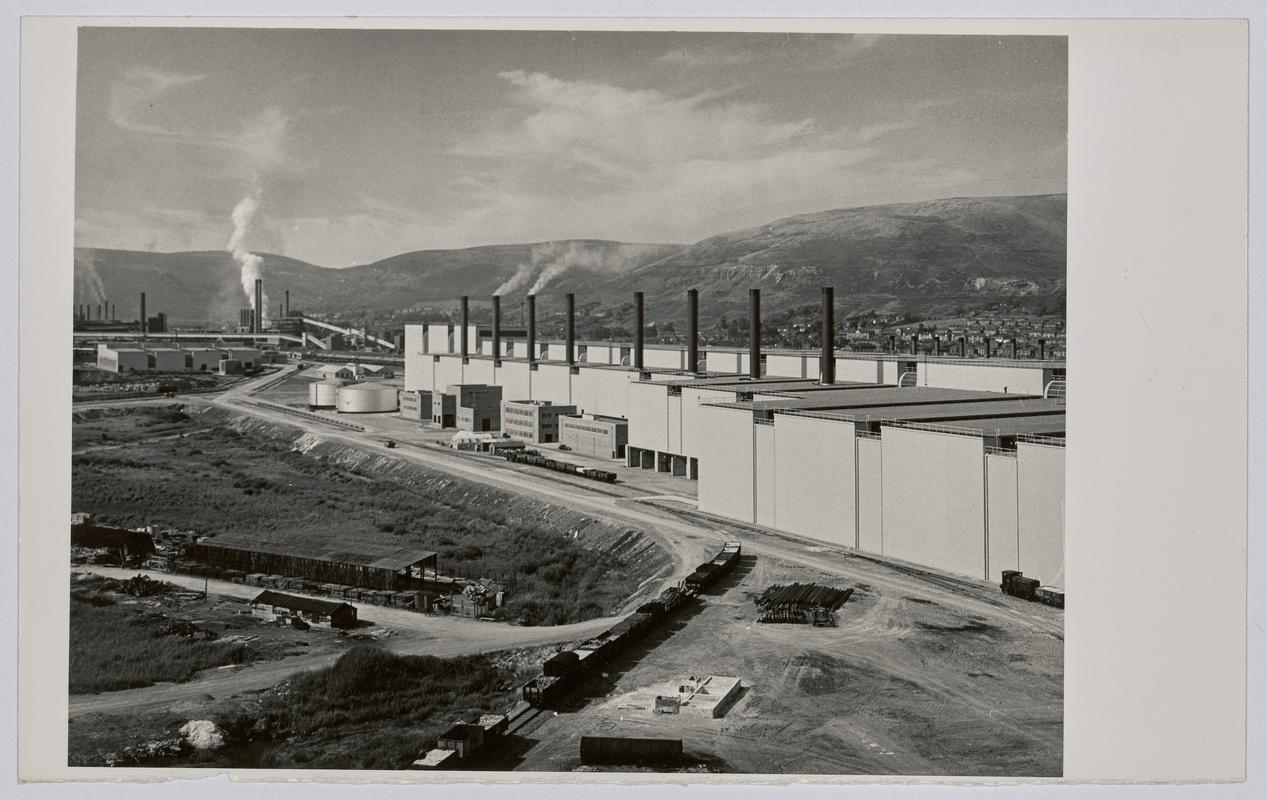 "Abbey Works, 1951" - Port Talbot, back of 'reheat furnace / Hot Mill' building. - Photograph of steelworks and South Wales