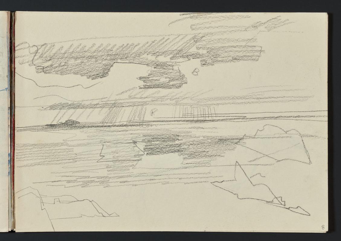 Sketchbook: abstracts & unidentified coastal & rocky landscape & farm building; Skomer from mainland