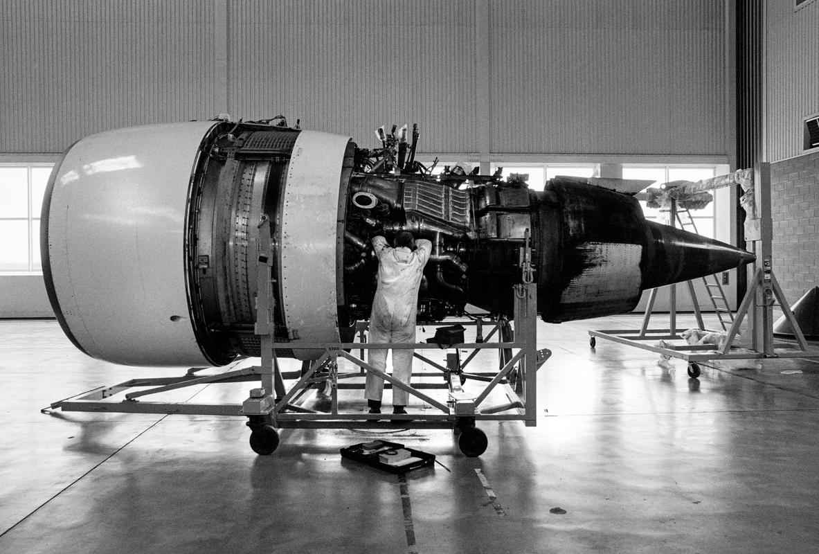 GB. WALES. Cardiff. British Airways Maintenance. 747 engine. 1996.