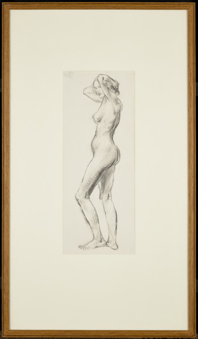 Standing nude with hands behind her head