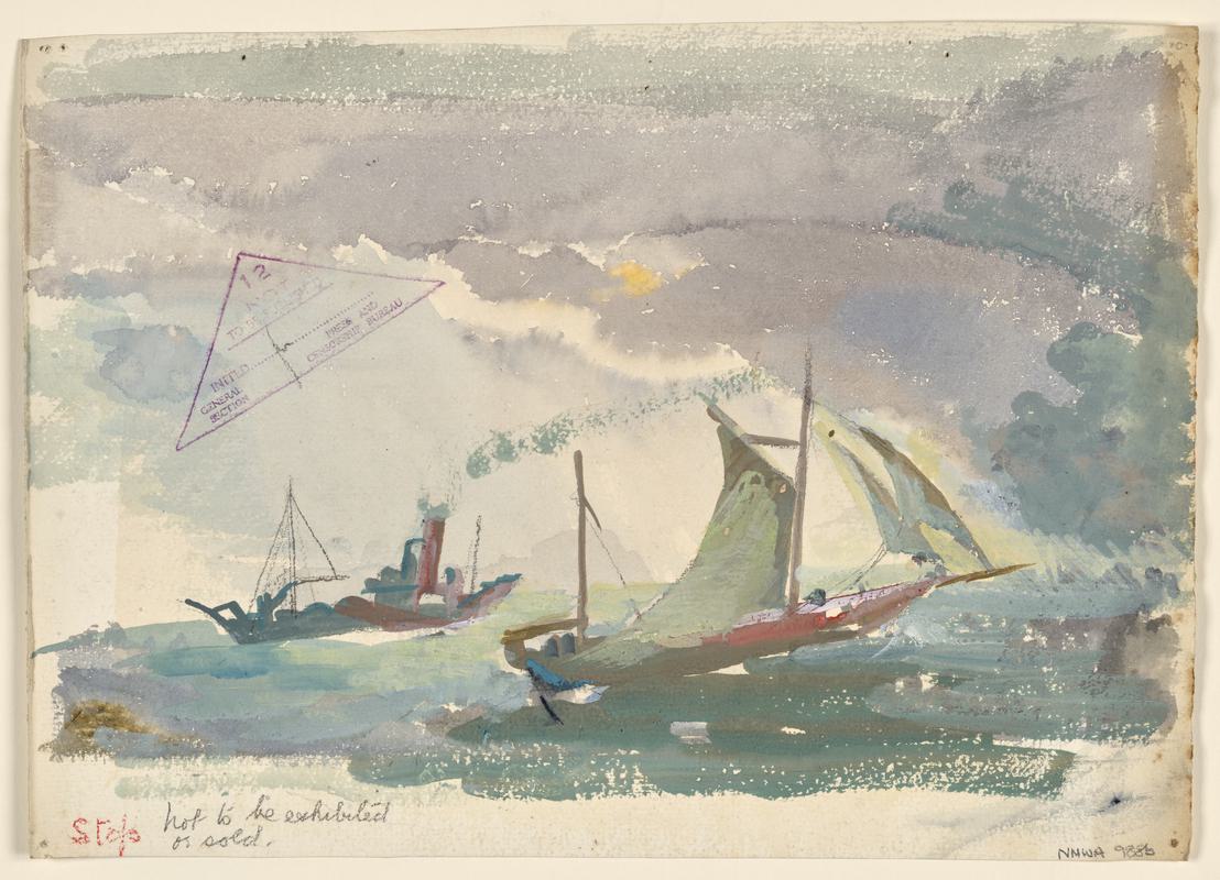 Ship at sea with barrage balloon