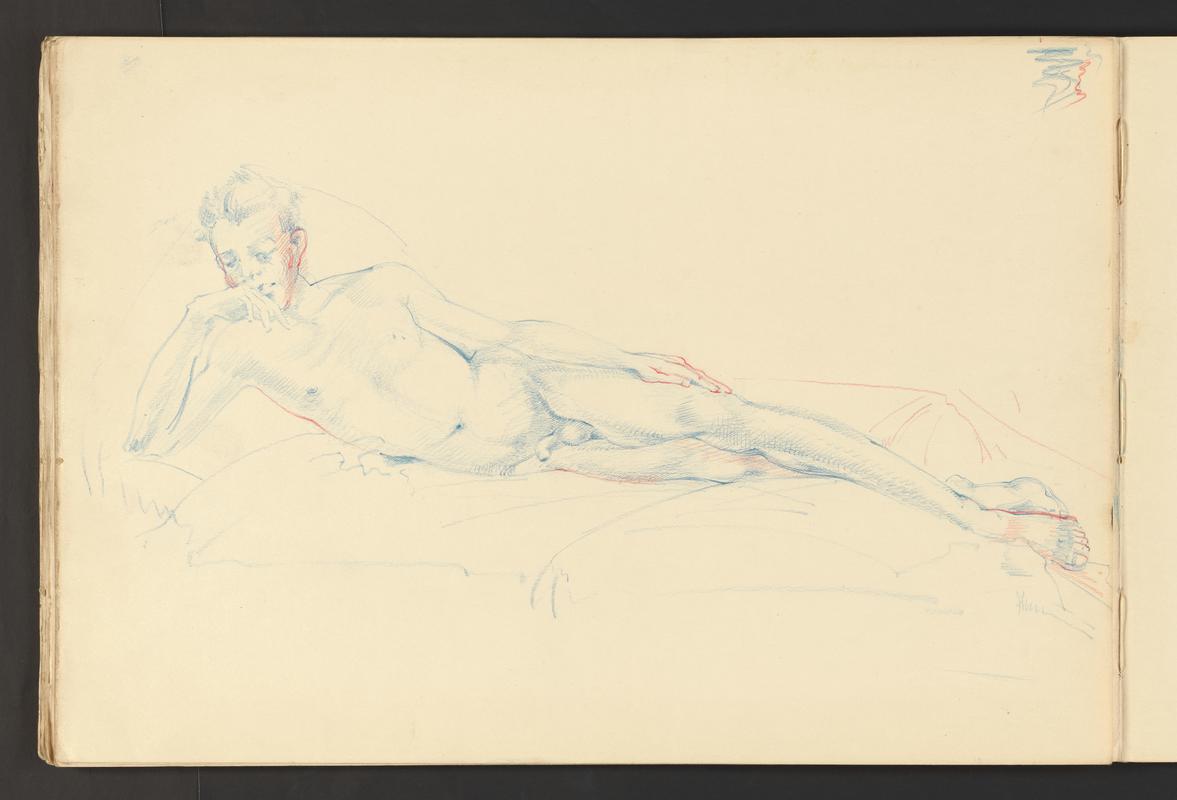 Sketchbook: Slade life class; ?Willie & Elfrida Tindal & children; ?W.F.(Peter) Grimes, wife & family; ?possibly Ray's aunt having tea; ?Grimes reclining nude; coastal scene