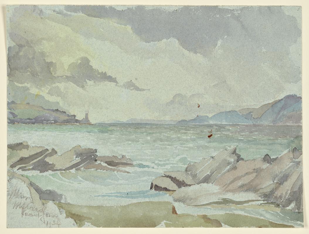 Rocky seascape with distant lighthouse