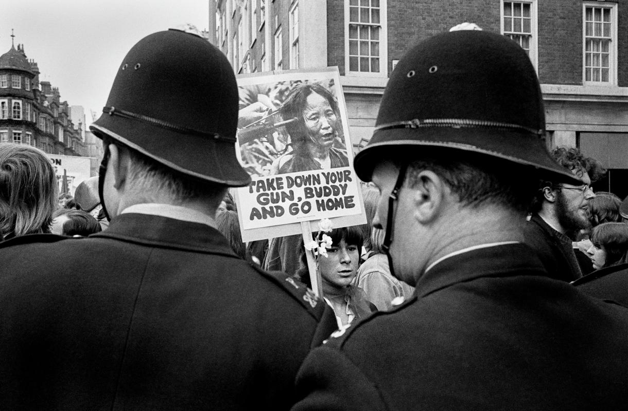 GB. ENGLAND. London. Trouble flared in Grosvenor Square, London, after an estimated 6,000 marchers faced up to police outside the United States Embassy. On March 17, an anti-war demonstration in Grosvenor Square, London, ended with 86 people injured and 200 demonstrators arrested. The protesters had broken away from another, bigger, march against US involvement in Vietnam but were confronted by a wall of police. 1968.