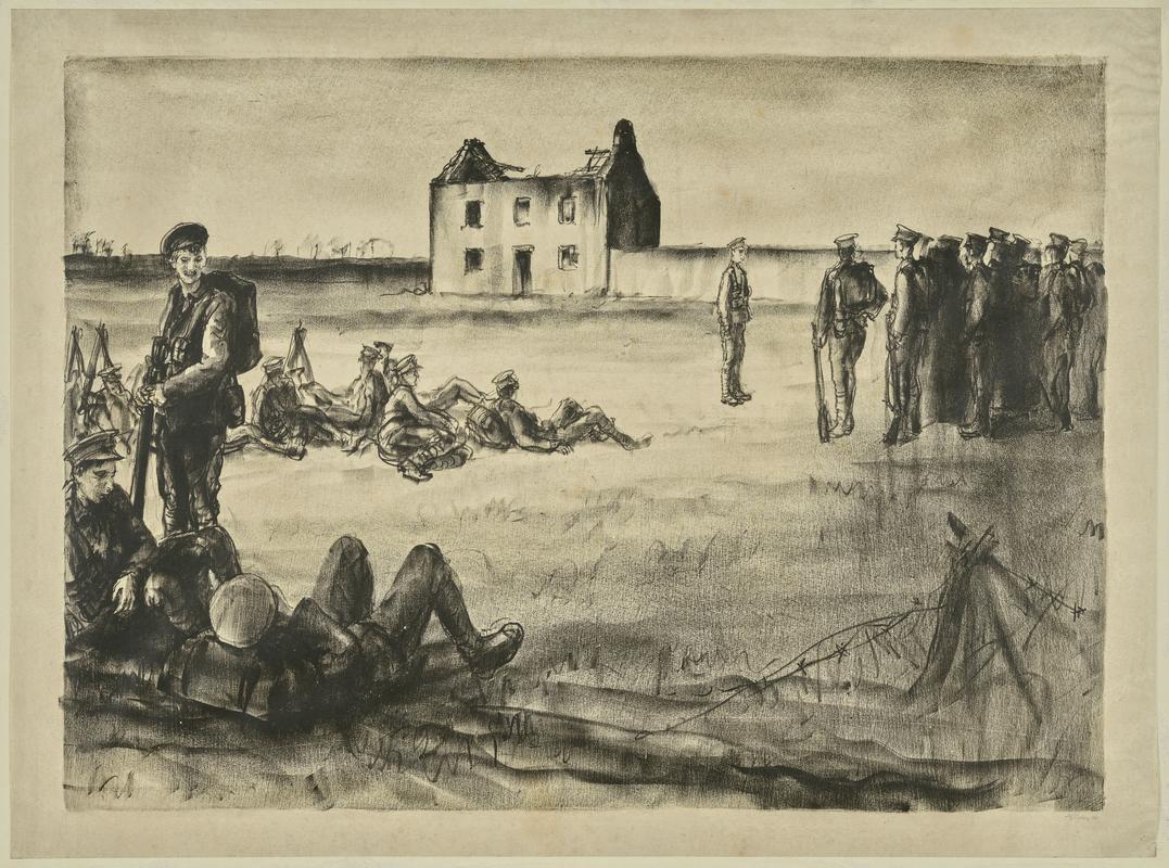 Soldiers seated and parading in front of a ruined house