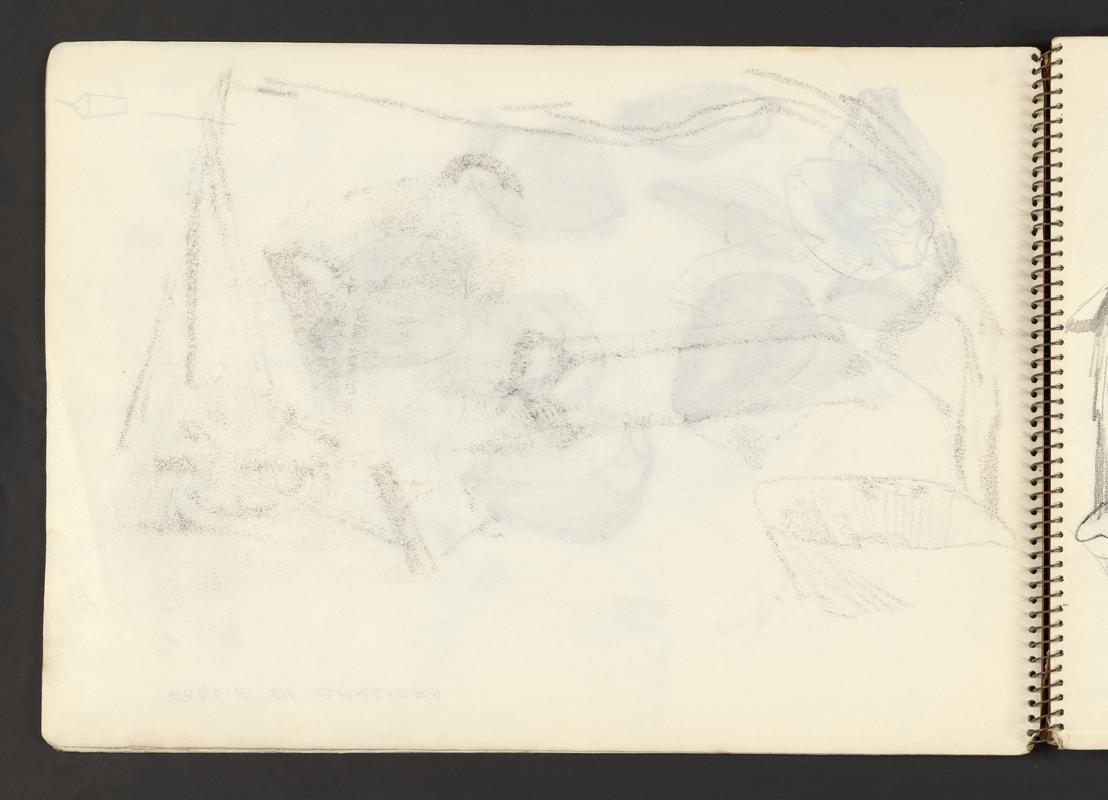 Sketchbook: Tuscany including yard with chickens; men's faces; artichoke leaves; Montepulciano, barrows & haystacks; villa near Siena; Flatholm; Gower & Ilston church