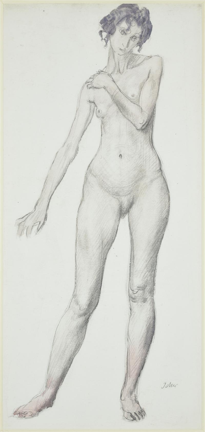 Standing female nude, left arm raised to right shoulder