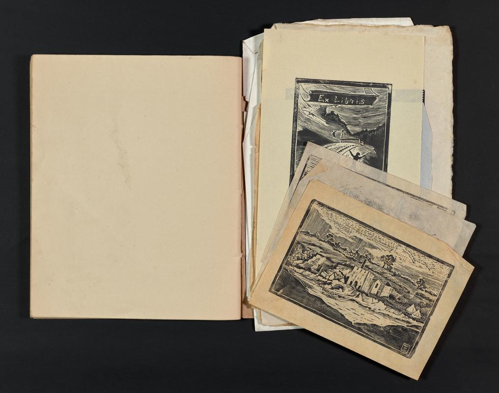 Exercise book includes engravings - ?grandfather, hill landscape, Aberthaw, sleeping dancer, boathouse, sailing boat, nativity scene, dancing-class leaflet, Tindal bookplate