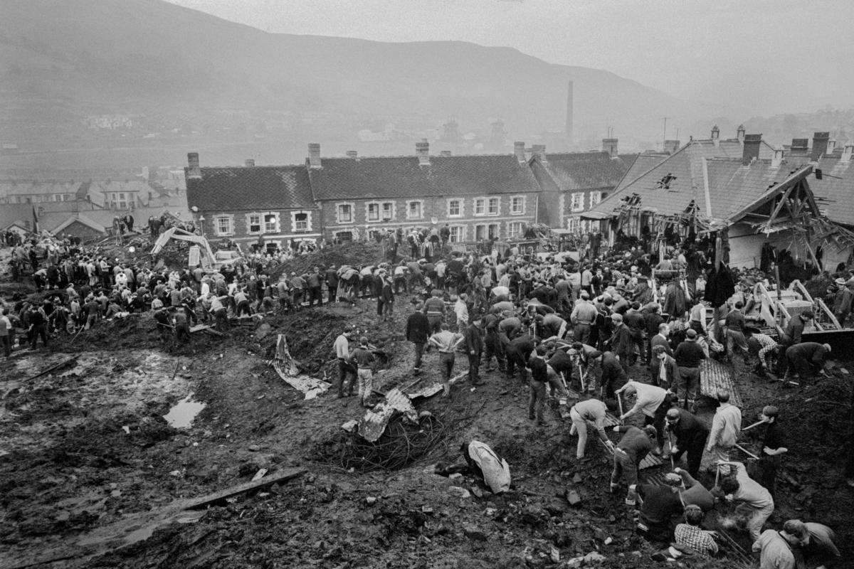 GB. WALES. Aberfan. The Aberfan disaster was a catastrophic collapse of a colliery spoil tip in the Welsh village of Aberfan killing 116 children and 28 adults. It was caused by a build-up of water in the accumulated rock and shale which suddenly started to slide downhill in the form of slurry. 1966.