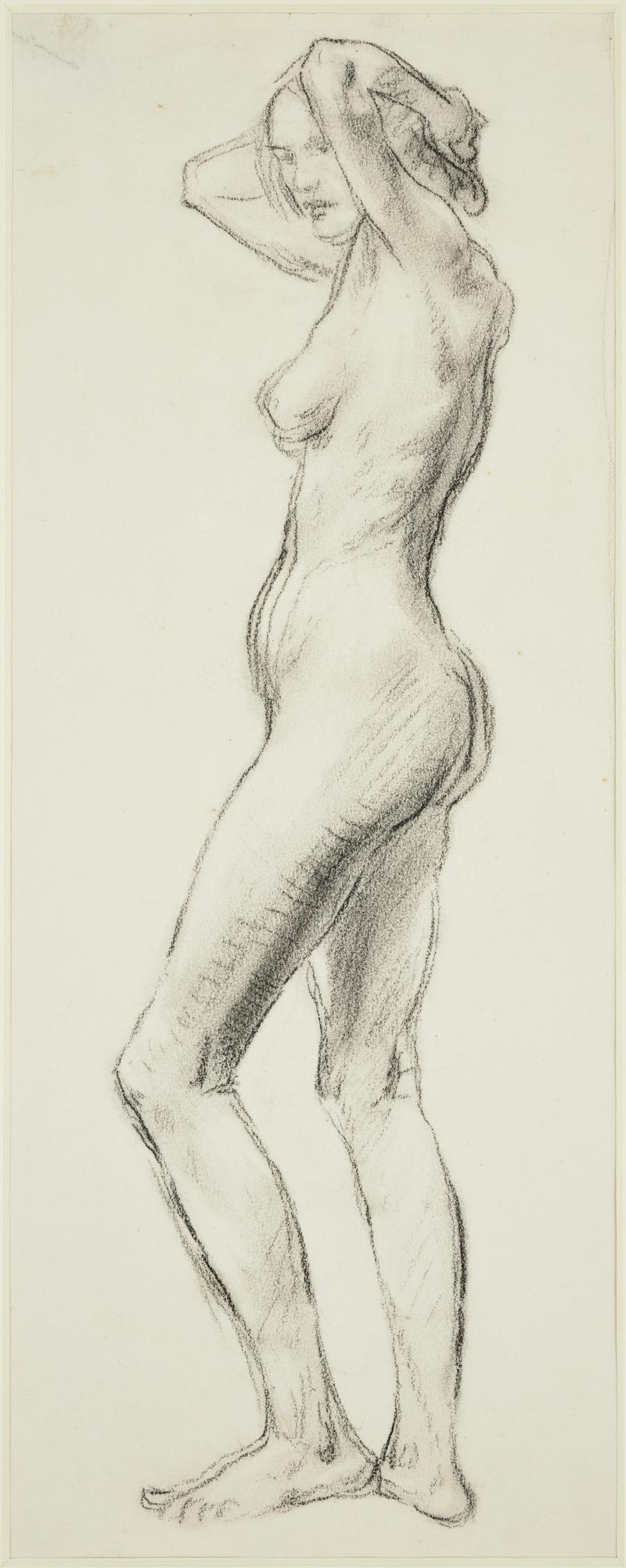Standing nude with hands behind her head