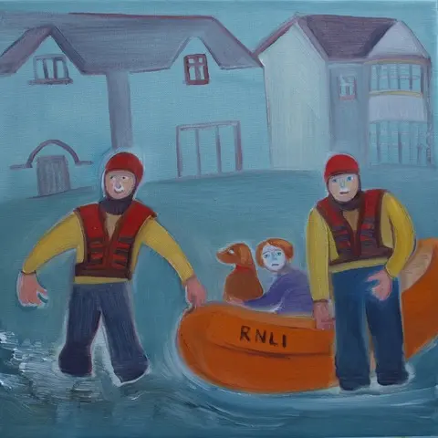 Paentiad lliwgar o fenyw a'i chi yn cael eu hachub gan yr RNLI yn ystod llifogydd.